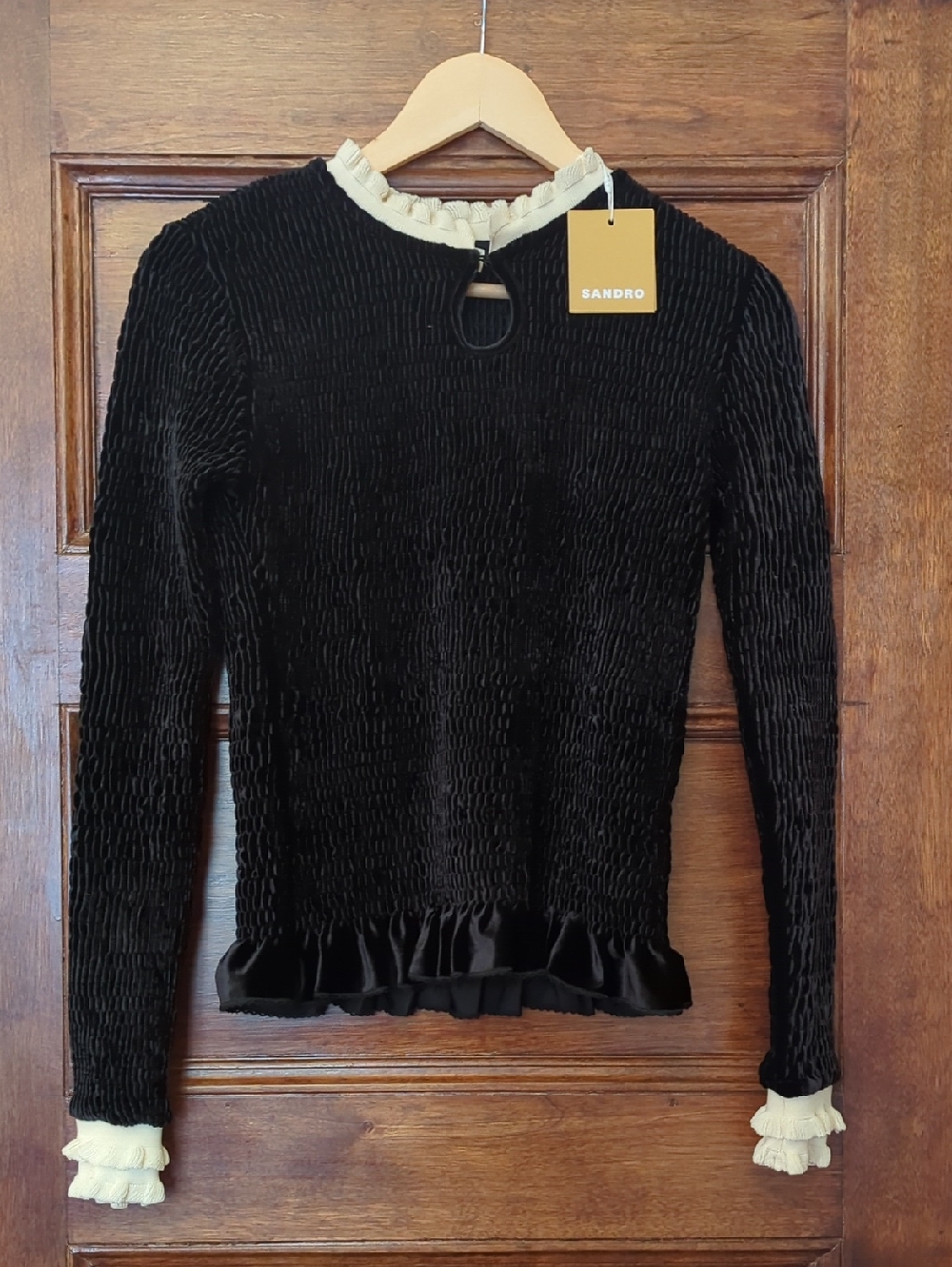 NWT Sandro Eugenie Smocked Velvet Top Black | Ruffle Collar Long Sleeve| Size XS